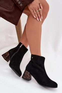 Skórzane Zamszowe Botki Damskie Na Słupku Maciejka K7202-01 Czarne