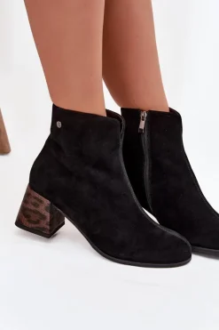 Skórzane Zamszowe Botki Damskie Na Słupku Maciejka K7202-01 Czarne