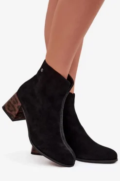 Skórzane Zamszowe Botki Damskie Na Słupku Maciejka K7202-01 Czarne