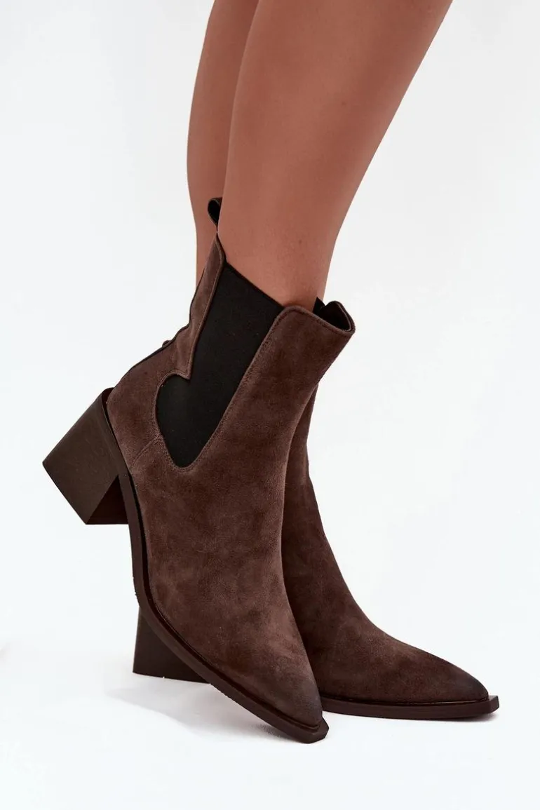 Skórzane Zamszowe Botki Damskie Na Słupku Ocieplane Artiker 57C0047 Brązowe