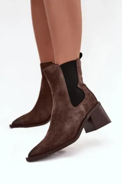 Skórzane Zamszowe Botki Damskie Na Słupku Ocieplane Artiker 57C0047 Brązowe