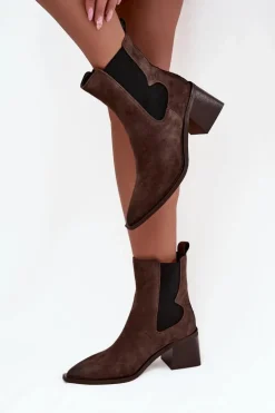 Skórzane Zamszowe Botki Damskie Na Słupku Ocieplane Artiker 57C0047 Brązowe