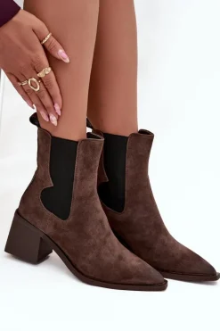 Skórzane Zamszowe Botki Damskie Na Słupku Ocieplane Artiker 57C0047 Brązowe