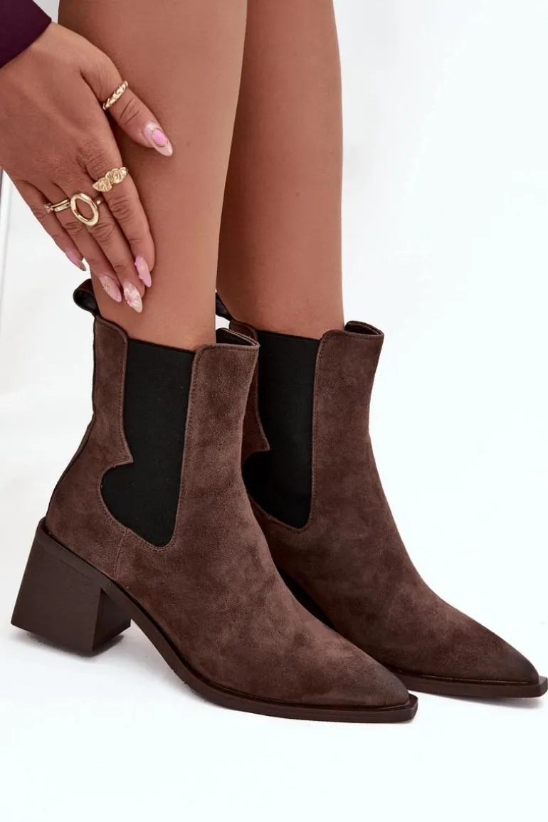 Skórzane Zamszowe Botki Damskie Na Słupku Ocieplane Artiker 57C0047 Brązowe