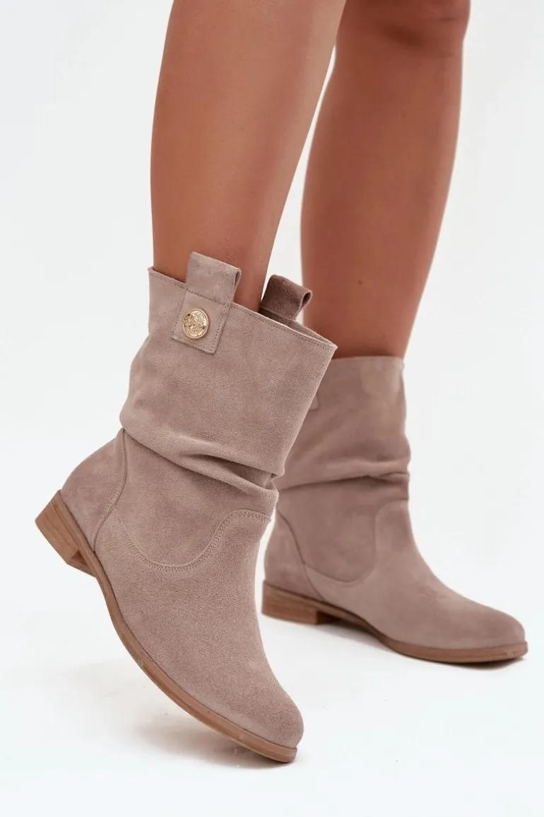 Skórzane Zamszowe Botki Damskie Z Marszczeniem Ocieplane Zazoo 4210 Beżowe