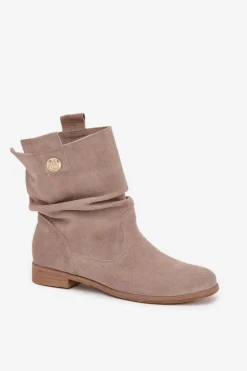 Skórzane Zamszowe Botki Damskie Z Marszczeniem Ocieplane Zazoo 4210 Beżowe