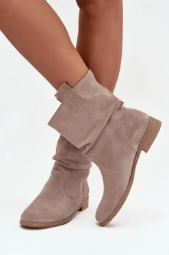 Skórzane Zamszowe Botki Damskie Z Marszczeniem Ocieplane Zazoo 4210 Beżowe