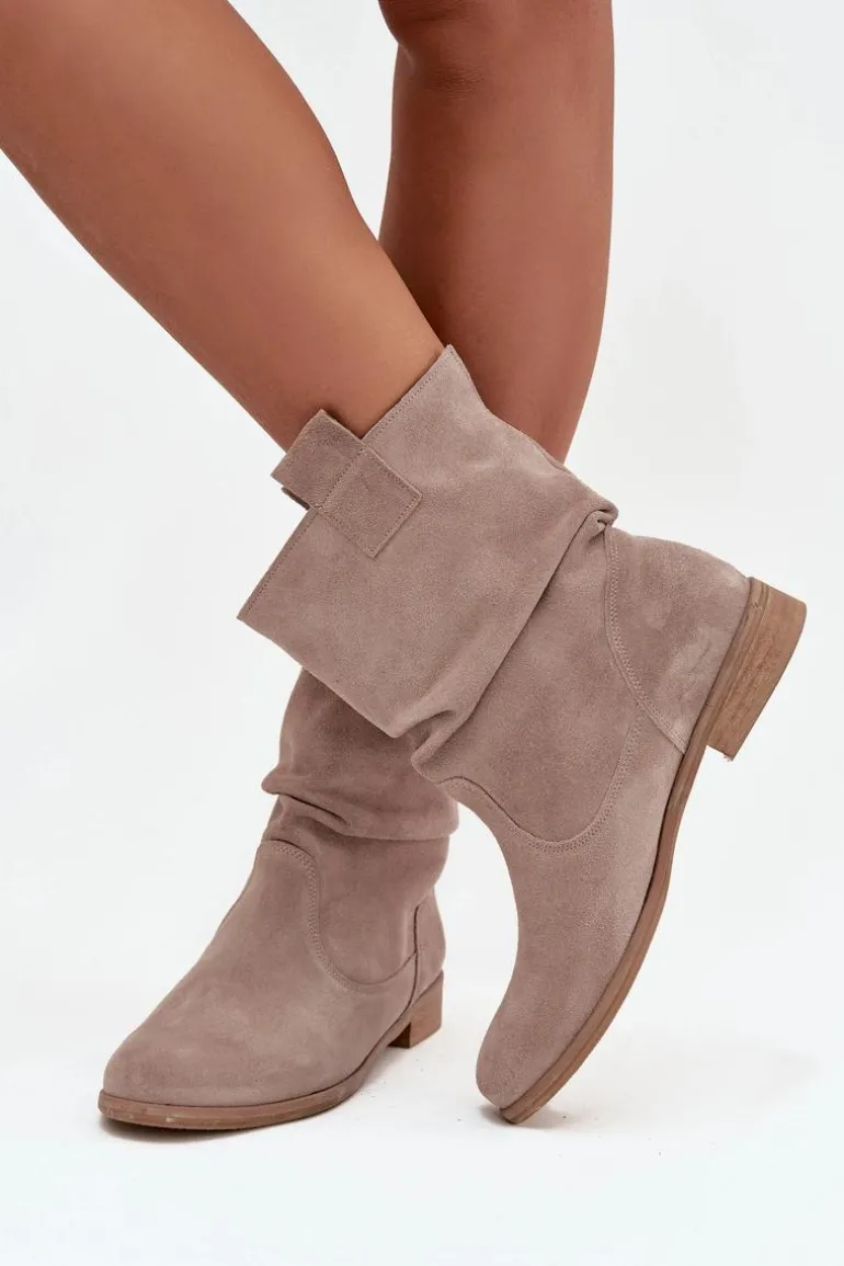 Skórzane Zamszowe Botki Damskie Z Marszczeniem Ocieplane Zazoo 4210 Beżowe