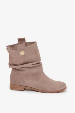 Skórzane Zamszowe Botki Damskie Z Marszczeniem Ocieplane Zazoo 4210 Beżowe