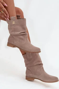 Skórzane Zamszowe Botki Damskie Z Marszczeniem Ocieplane Zazoo 4210 Beżowe