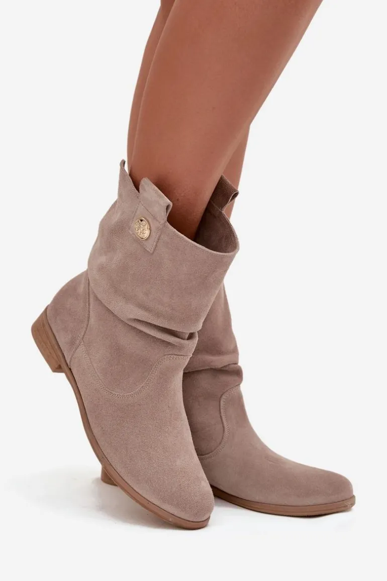 Skórzane Zamszowe Botki Damskie Z Marszczeniem Ocieplane Zazoo 4210 Beżowe