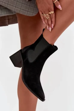 Skórzane Zamszowe Botki Damskie Na Słupku Ocieplane Artiker 57C0049 Czarne