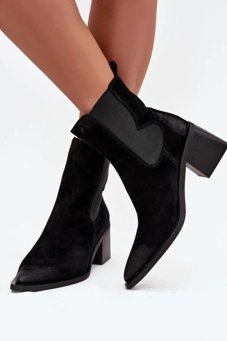 Skórzane Zamszowe Botki Damskie Na Słupku Ocieplane Artiker 57C0049 Czarne