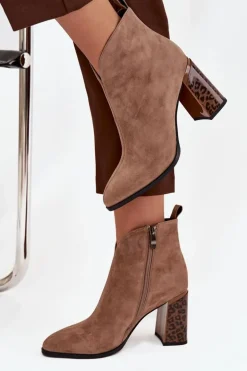 Skórzane Zamszowe Botki Damskie Na Słupku Ocieplane Beżowe Zivella