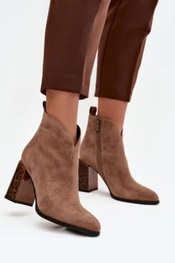 Skórzane Zamszowe Botki Damskie Na Słupku Ocieplane Beżowe Zivella