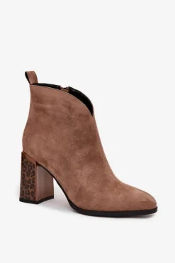 Skórzane Zamszowe Botki Damskie Na Słupku Ocieplane Beżowe Zivella