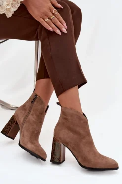 Skórzane Zamszowe Botki Damskie Na Słupku Ocieplane Beżowe Zivella