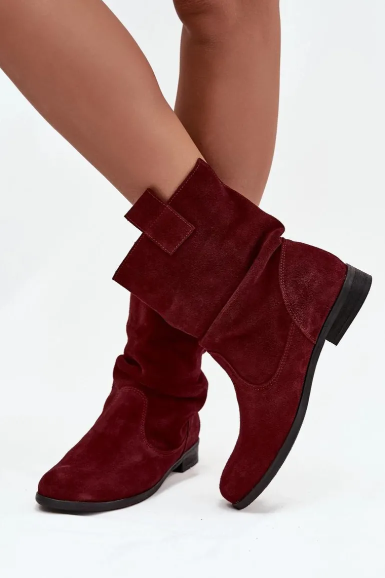 Skórzane Zamszowe Botki Damskie Z Marszczeniem Ocieplane Zazoo 4210 Bordowe