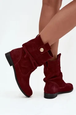 Skórzane Zamszowe Botki Damskie Z Marszczeniem Ocieplane Zazoo 4210 Bordowe
