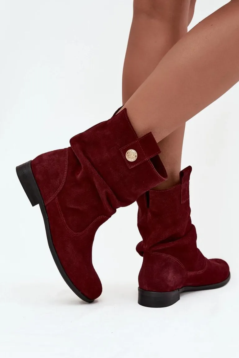 Skórzane Zamszowe Botki Damskie Z Marszczeniem Ocieplane Zazoo 4210 Bordowe
