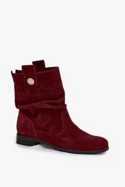 Skórzane Zamszowe Botki Damskie Z Marszczeniem Ocieplane Zazoo 4210 Bordowe