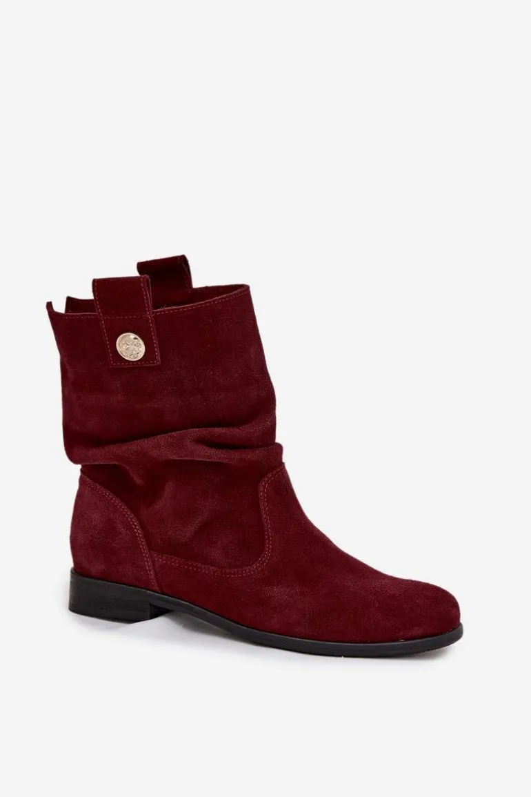 Skórzane Zamszowe Botki Damskie Z Marszczeniem Ocieplane Zazoo 4210 Bordowe