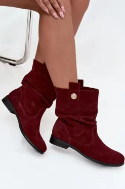 Skórzane Zamszowe Botki Damskie Z Marszczeniem Ocieplane Zazoo 4210 Bordowe
