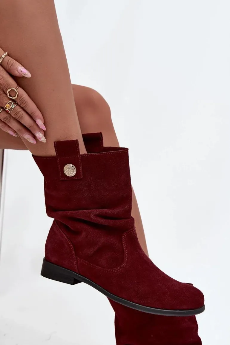 Skórzane Zamszowe Botki Damskie Z Marszczeniem Ocieplane Zazoo 4210 Bordowe