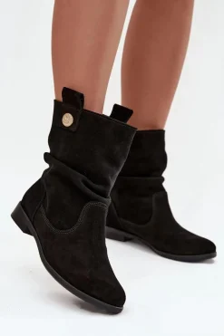 Skórzane Zamszowe Botki Damskie Z Marszczeniem Ocieplane Zazoo 4210 Czarne