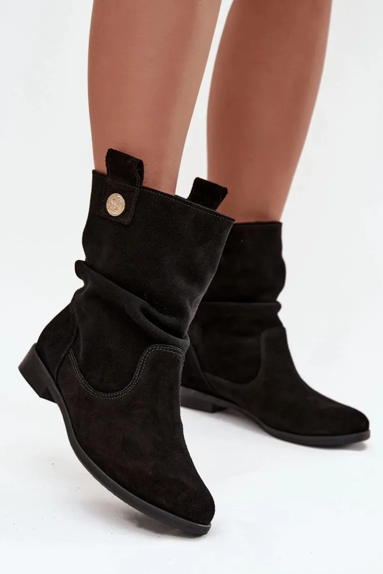 Skórzane Zamszowe Botki Damskie Z Marszczeniem Ocieplane Zazoo 4210 Czarne