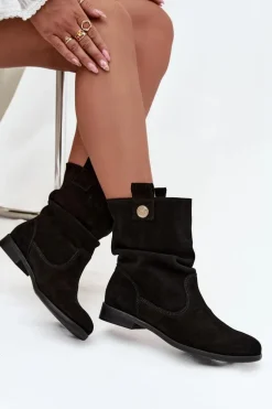 Skórzane Zamszowe Botki Damskie Z Marszczeniem Ocieplane Zazoo 4210 Czarne