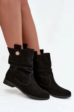 Skórzane Zamszowe Botki Damskie Z Marszczeniem Ocieplane Zazoo 4210 Czarne