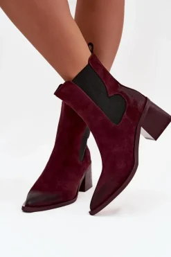 Skórzane Zamszowe Botki Damskie Na Słupku Ocieplane Artiker 57C0048 Bordowe