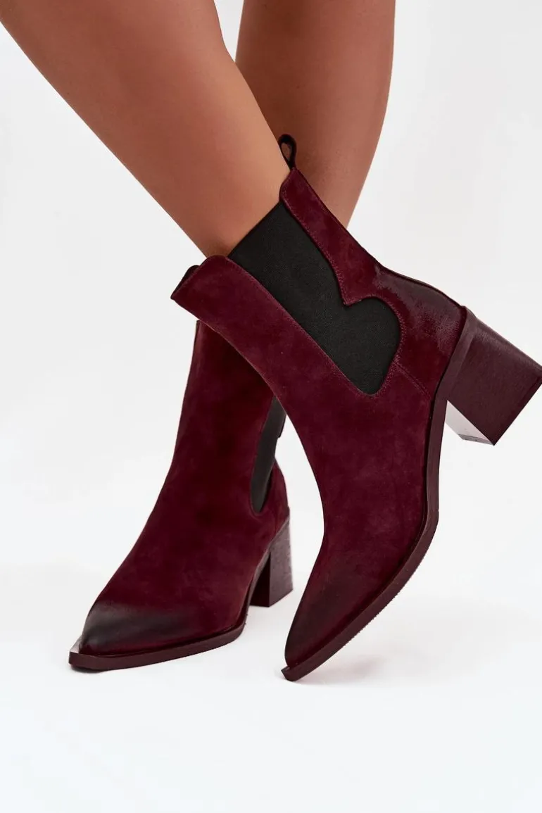 Skórzane Zamszowe Botki Damskie Na Słupku Ocieplane Artiker 57C0048 Bordowe