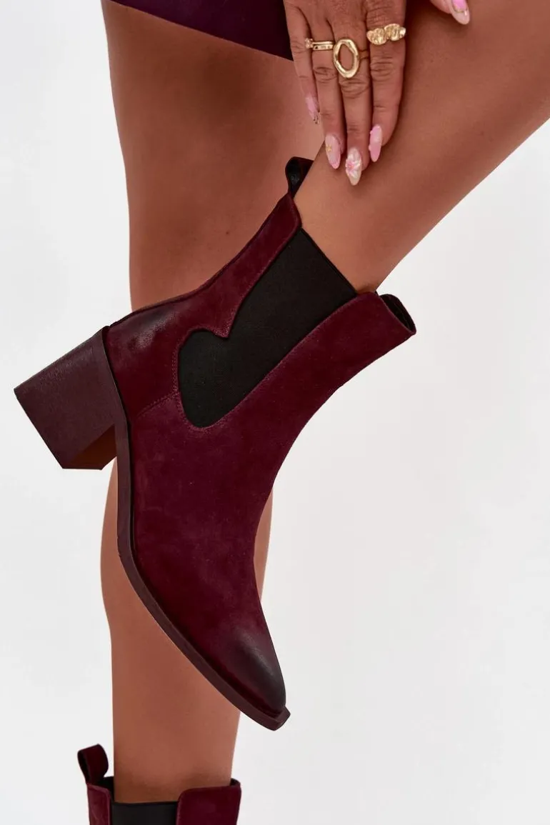 Skórzane Zamszowe Botki Damskie Na Słupku Ocieplane Artiker 57C0048 Bordowe