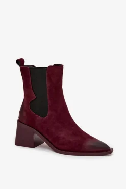 Skórzane Zamszowe Botki Damskie Na Słupku Ocieplane Artiker 57C0048 Bordowe