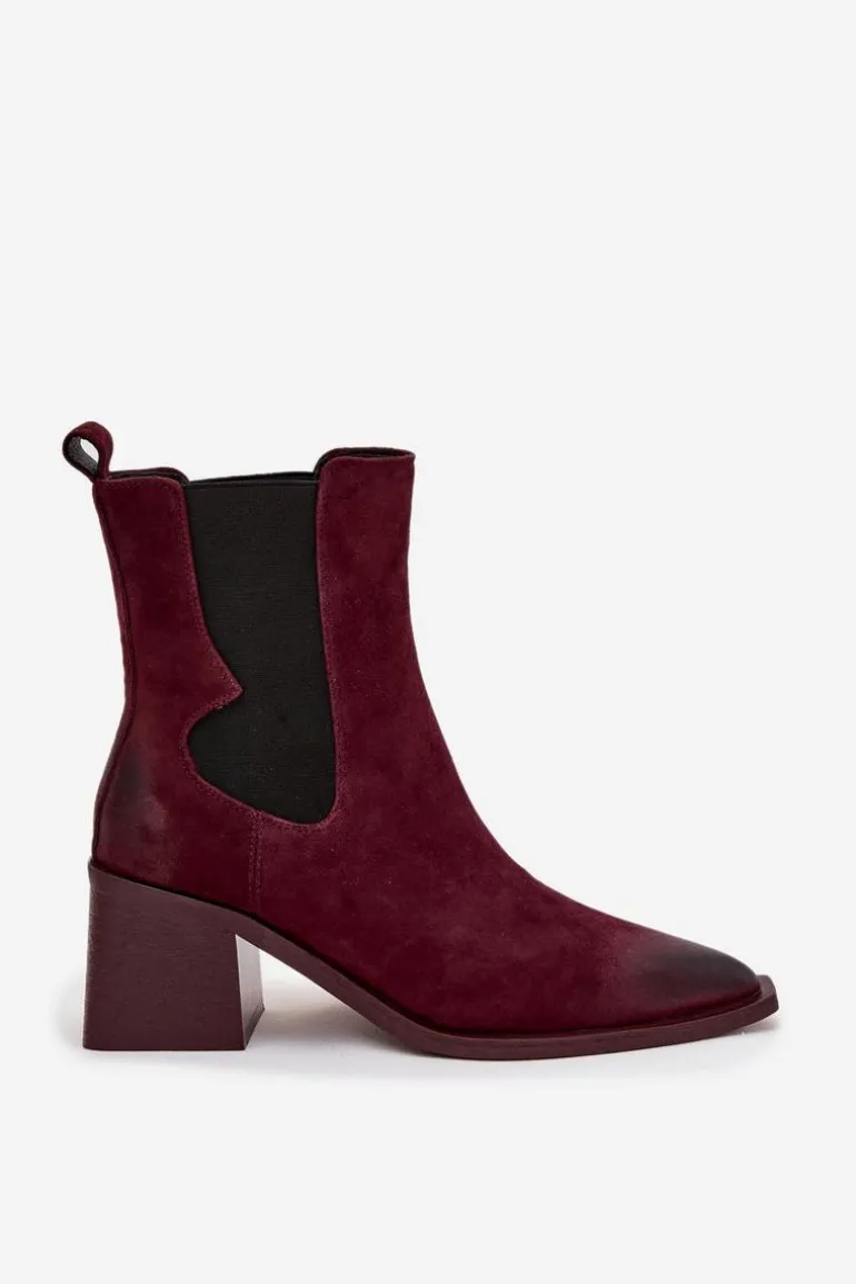 Skórzane Zamszowe Botki Damskie Na Słupku Ocieplane Artiker 57C0048 Bordowe