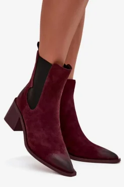 Skórzane Zamszowe Botki Damskie Na Słupku Ocieplane Artiker 57C0048 Bordowe