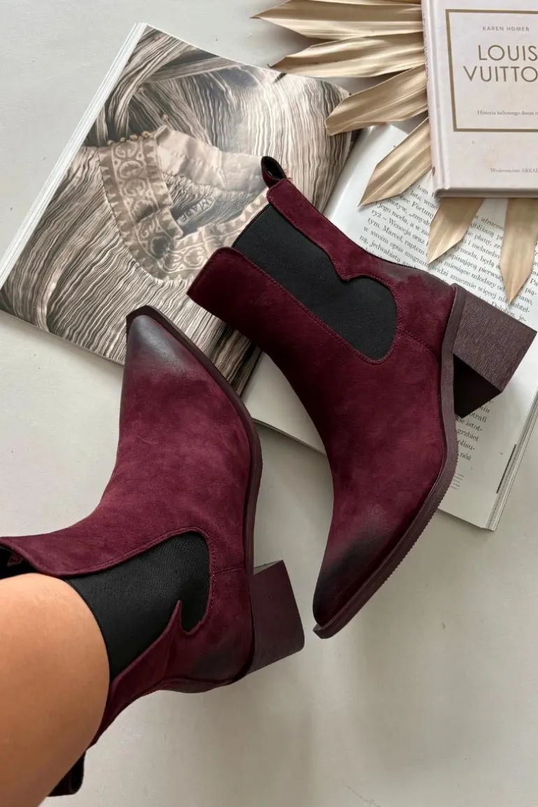 Skórzane Zamszowe Botki Damskie Na Słupku Ocieplane Artiker 57C0048 Bordowe