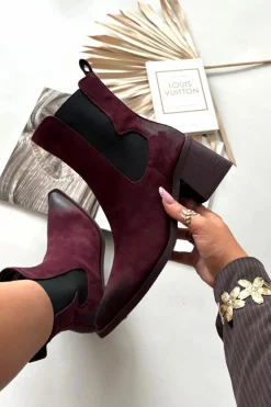 Skórzane Zamszowe Botki Damskie Na Słupku Ocieplane Artiker 57C0048 Bordowe