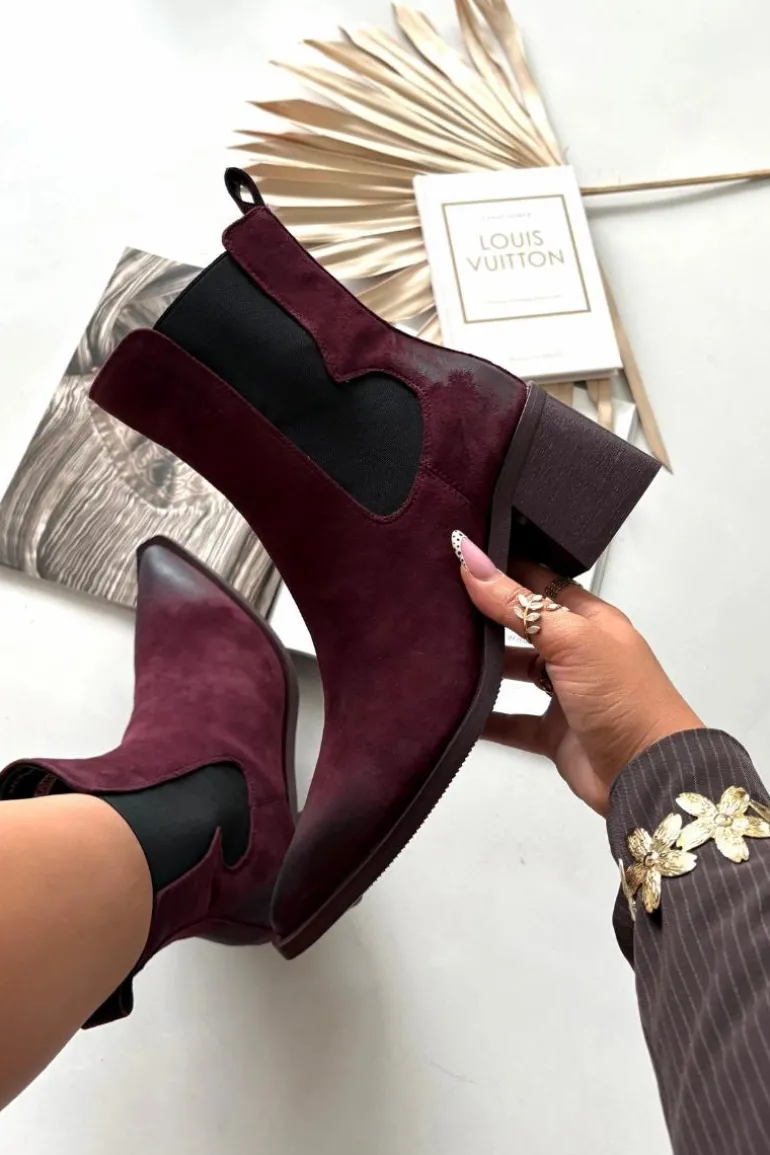 Skórzane Zamszowe Botki Damskie Na Słupku Ocieplane Artiker 57C0048 Bordowe