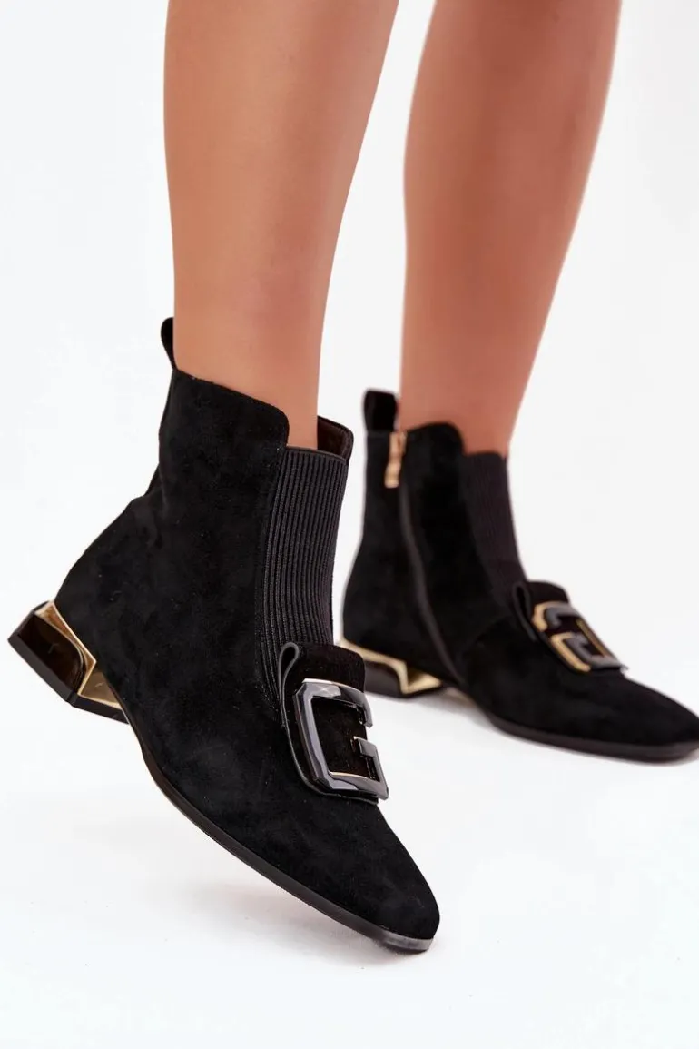 Skórzane Zamszowe Botki Damskie Na Niskim Obcasie Z Ozdobą D&A MR52-217 Czarne