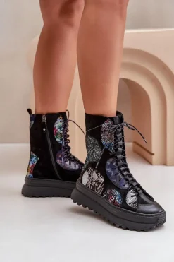 Skórzane Zamszowe Botki Na Platformie Ocieplane Maciejka 06565-01 Czarne