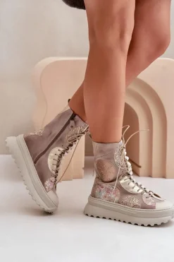 Skórzane Zamszowe Botki Na Platformie Ocieplane Maciejka 06565-04 Beżowe