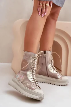 Skórzane Zamszowe Botki Na Platformie Ocieplane Maciejka 06565-04 Beżowe