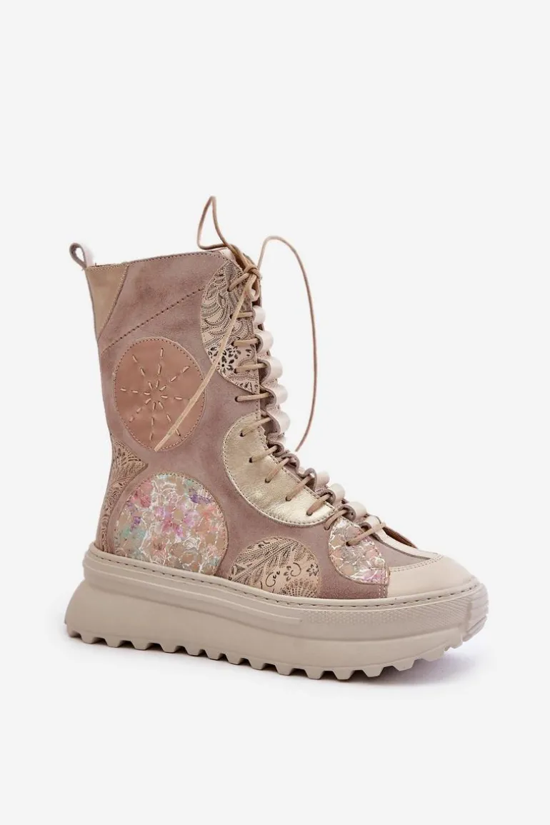 Skórzane Zamszowe Botki Na Platformie Ocieplane Maciejka 06565-04 Beżowe