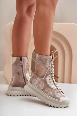 Skórzane Zamszowe Botki Na Platformie Ocieplane Maciejka 06565-04 Beżowe