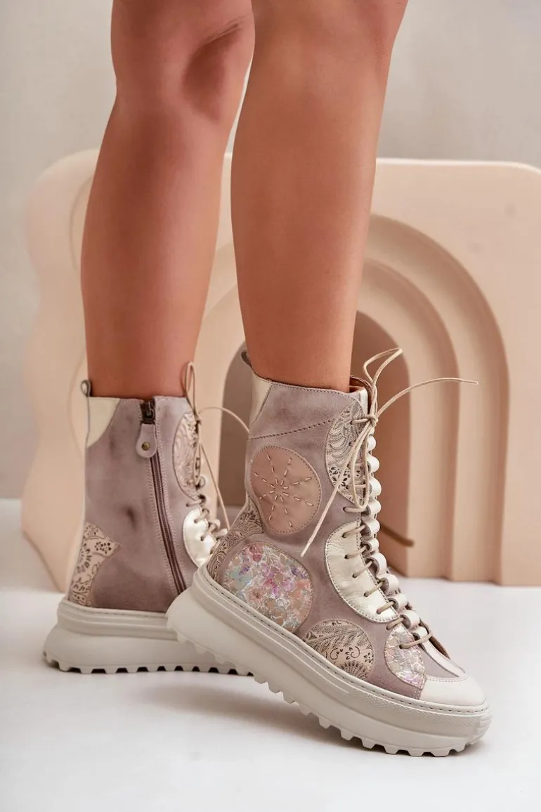 Skórzane Zamszowe Botki Na Platformie Ocieplane Maciejka 06565-04 Beżowe