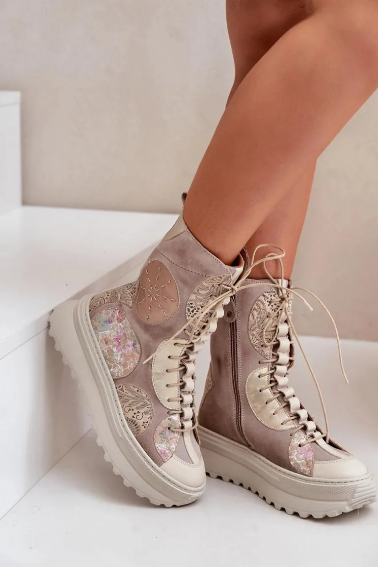 Skórzane Zamszowe Botki Na Platformie Ocieplane Maciejka 06565-04 Beżowe