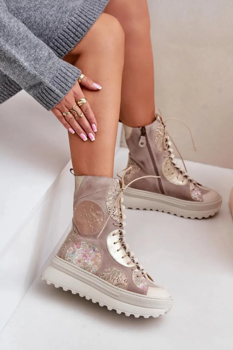 Skórzane Zamszowe Botki Na Platformie Ocieplane Maciejka 06565-04 Beżowe